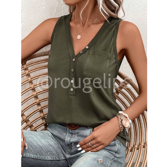 Army Green Casual Tank Top V-Neck Button Up Chest Pocket - Picture 2 of 8